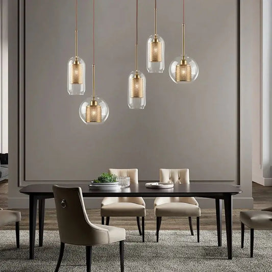 LuxRoyale Double-Layer Glass Pendant Light With Inner Mesh Core and Outer Glass Shade