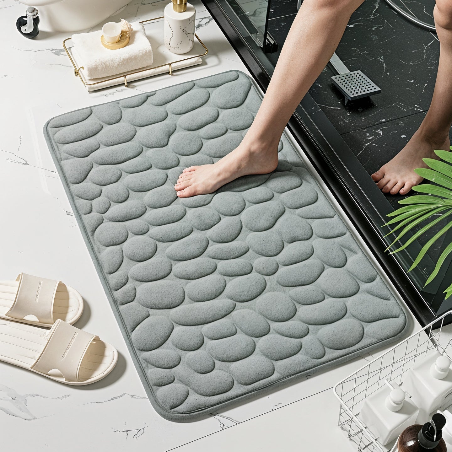 Royaleva Embossed Non-Slip Bathmat - Memory Foam Cobblestone Design for Ultimate Comfort - White / 16" x 24"