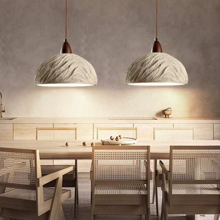 Lumora Terra Zen Pendant Light, Travertine Texture With Scalloped Edge And Walnut Accents For Japandi Modern Homes