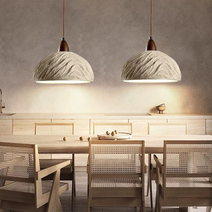 Lumora Terra Zen Pendant Light, Travertine Texture With Scalloped Edge And Walnut Accents For Japandi Modern Homes