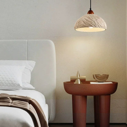 Lumora Terra Zen Pendant Light, Travertine Texture With Scalloped Edge And Walnut Accents For Japandi Modern Homes