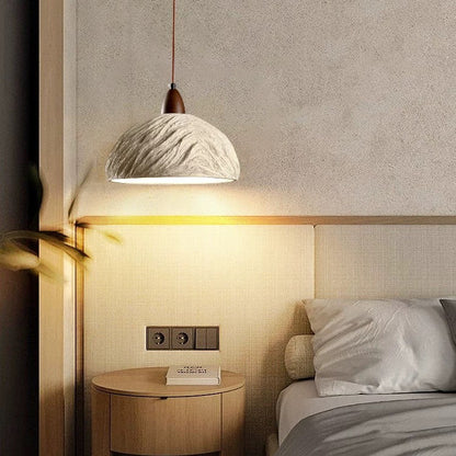 Lumora Terra Zen Pendant Light, Travertine Texture With Scalloped Edge And Walnut Accents For Japandi Modern Homes