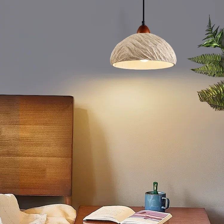 Lumora Terra Zen Pendant Light, Travertine Texture With Scalloped Edge And Walnut Accents For Japandi Modern Homes