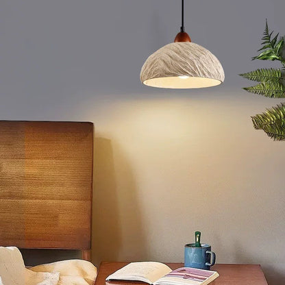 Lumora Terra Zen Pendant Light, Travertine Texture With Scalloped Edge And Walnut Accents For Japandi Modern Homes