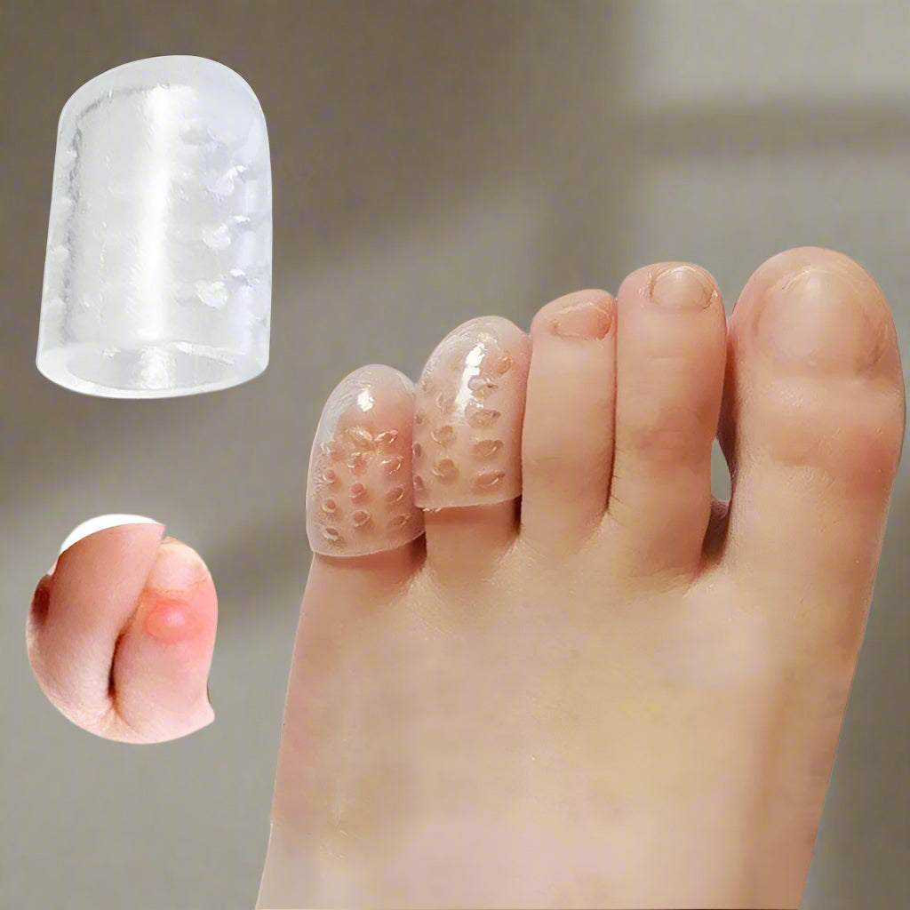 Soft silicone toe protectors for corns, calluses, blisters, and broken toes – transparent, flexible, reusable cushions providing pain relief and shoe friction protection.