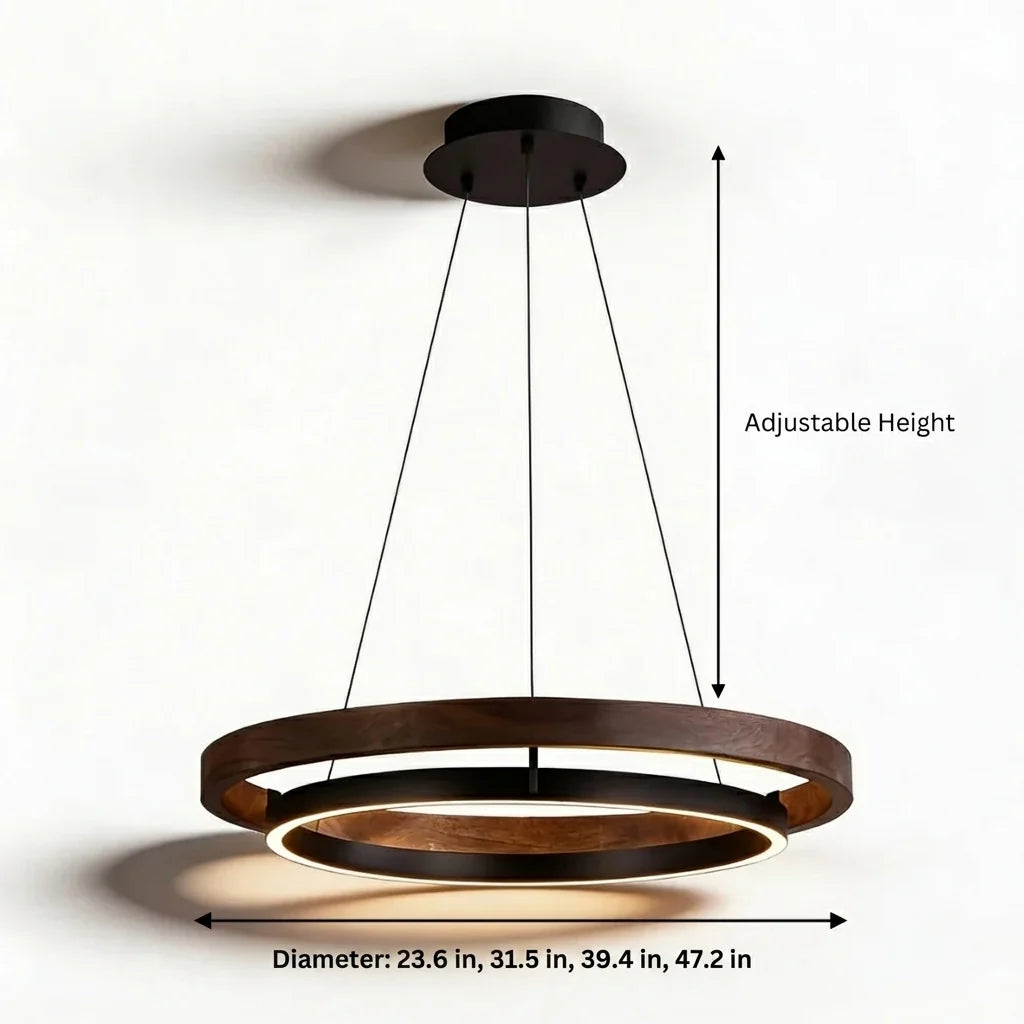 RoyaleGlow Modern LED Ring Pendant Light - Remote Dimmable Walnut Finish Hanging Lamp