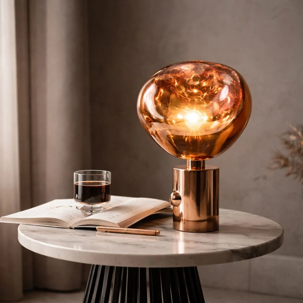 LuxRoyale Amber Glass Table Lamp with Polished Gold Base, Modern Desk Light