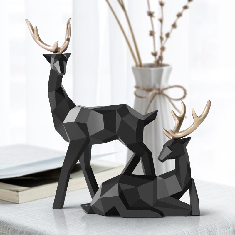 Abstract deer figurine pair sculpture in modern resin design – elegant minimalist decor symbolizing harmony and nature, includes large and small deer statues for home or office.
