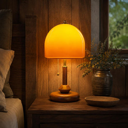 RoyaleGlow Mid-Century Modern Wood Table Lamp with Amber Dome Shade