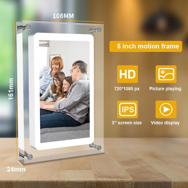 Royaleva Motion Video Frame – Acrylic Digital Display, Customizable & Rechargeable - 5inches / Plug