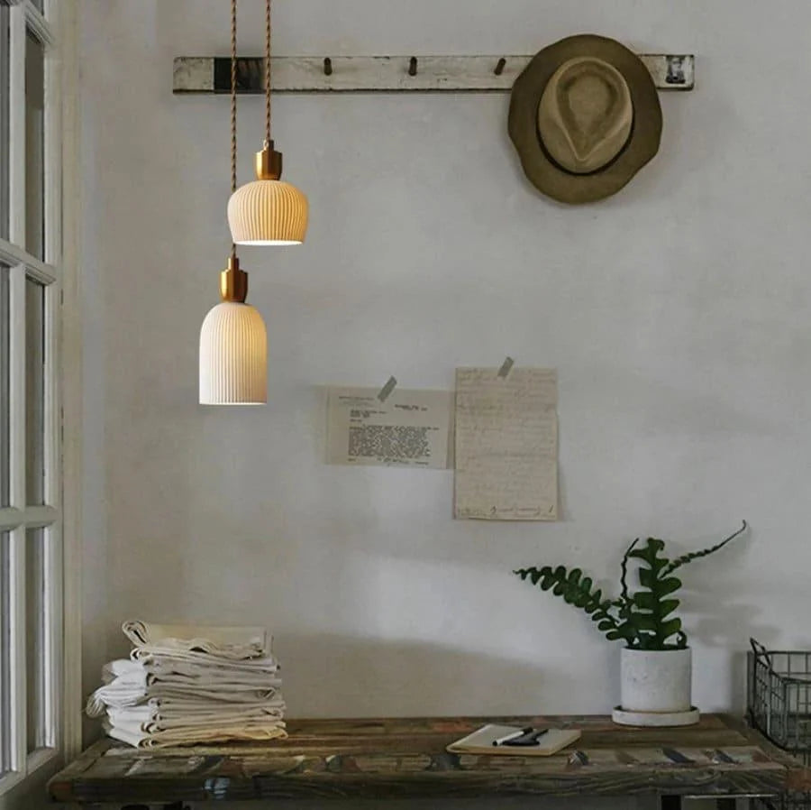 Royelux Modern Pleated Ceramic Pendant Light with Brass Accent for Kitchen Island