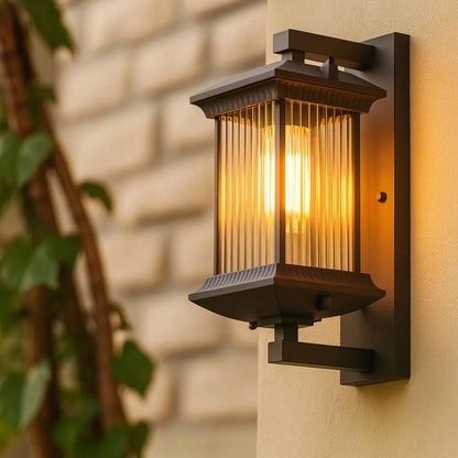 Royelux Outdoor Wall Sconce with Fluted Glass Panels - Weatherproof Exterior Lantern
