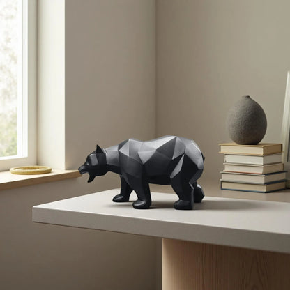 Royelux Geometric Black Bear Resin Sculpture - Modern Abstract Animal Statue