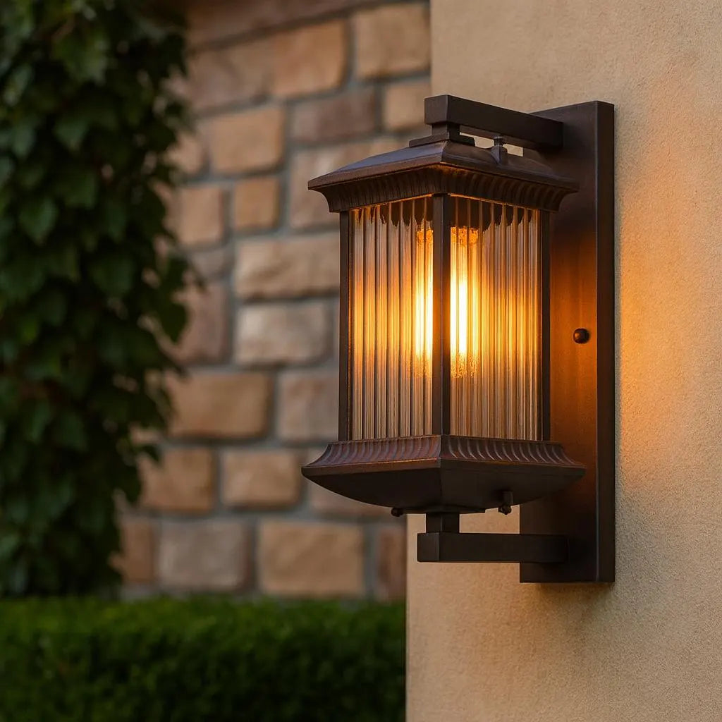 Royelux Outdoor Wall Sconce with Fluted Glass Panels - Weatherproof Exterior Lantern