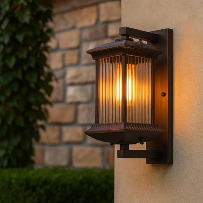 Royelux Outdoor Wall Sconce with Fluted Glass Panels - Weatherproof Exterior Lantern