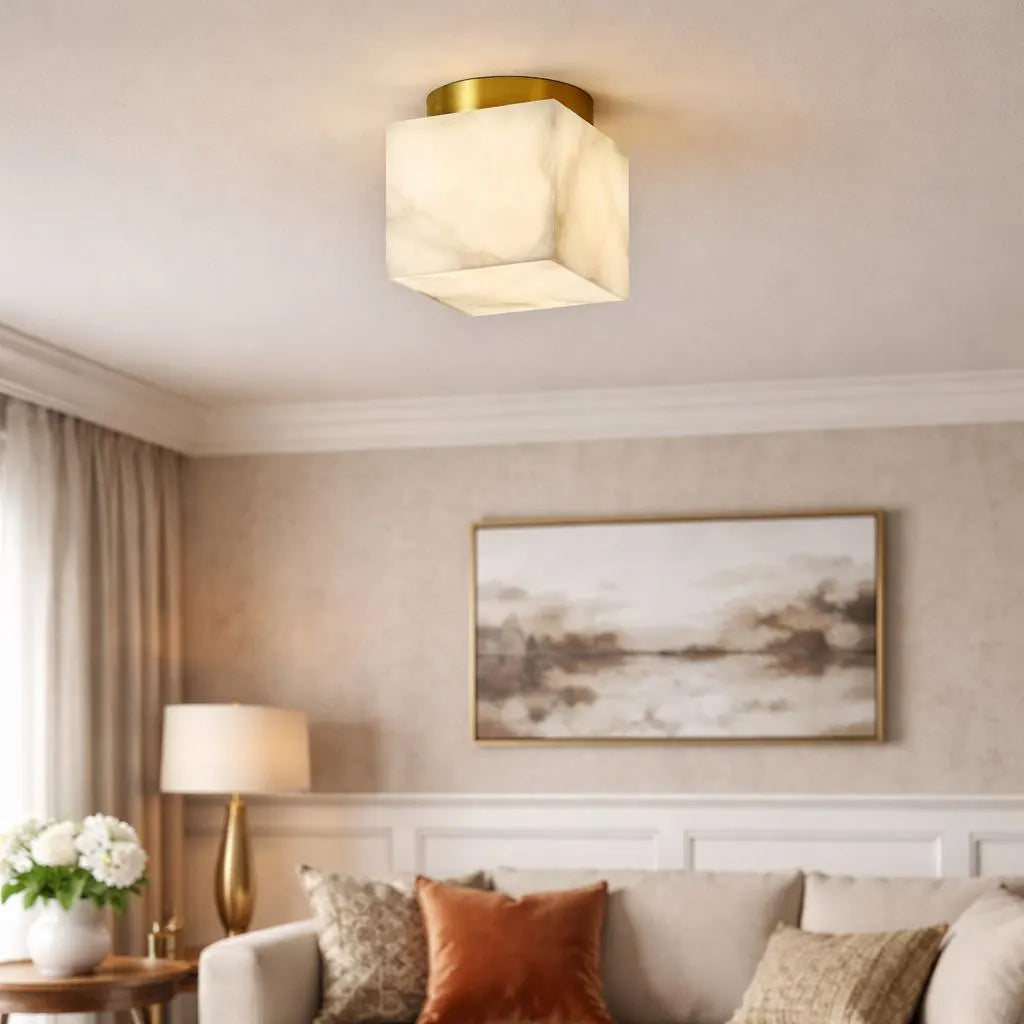 RoyaleGlow Alabaster Brass Flush Mount Ceiling Light - Modern Globe Fixture