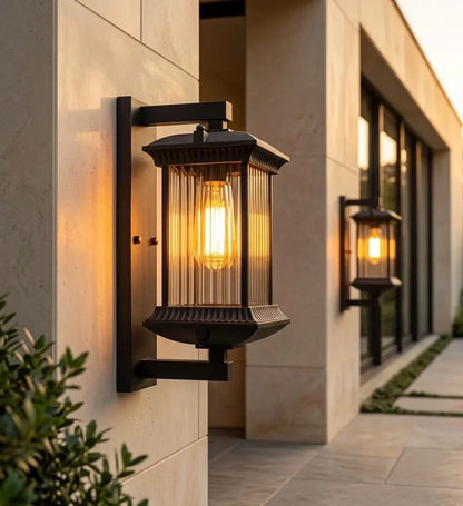 Royelux Outdoor Wall Sconce with Fluted Glass Panels - Weatherproof Exterior Lantern