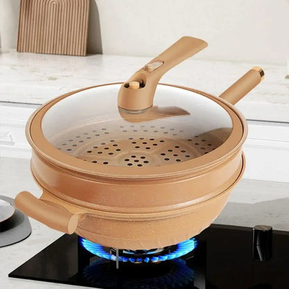 Ultimate Wok Cooker – Fast, even cooking with micropressure technology. Retains nutrients & flavors for healthier meals. Works on gas & induction cooktops. Includes multipurpose steamer basket for steaming veggies, dumplings, and seafood. Nonstick surface for minimal oil use & easy cleanup. Dishwasher-safe & perfect for busy families