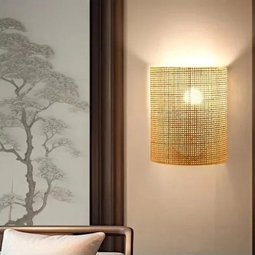 Lumora Handwoven Rattan Wall Sconce, Bohemian Organic Bamboo Wall Lamp