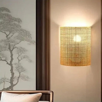 Lumora Handwoven Rattan Wall Sconce, Bohemian Organic Bamboo Wall Lamp
