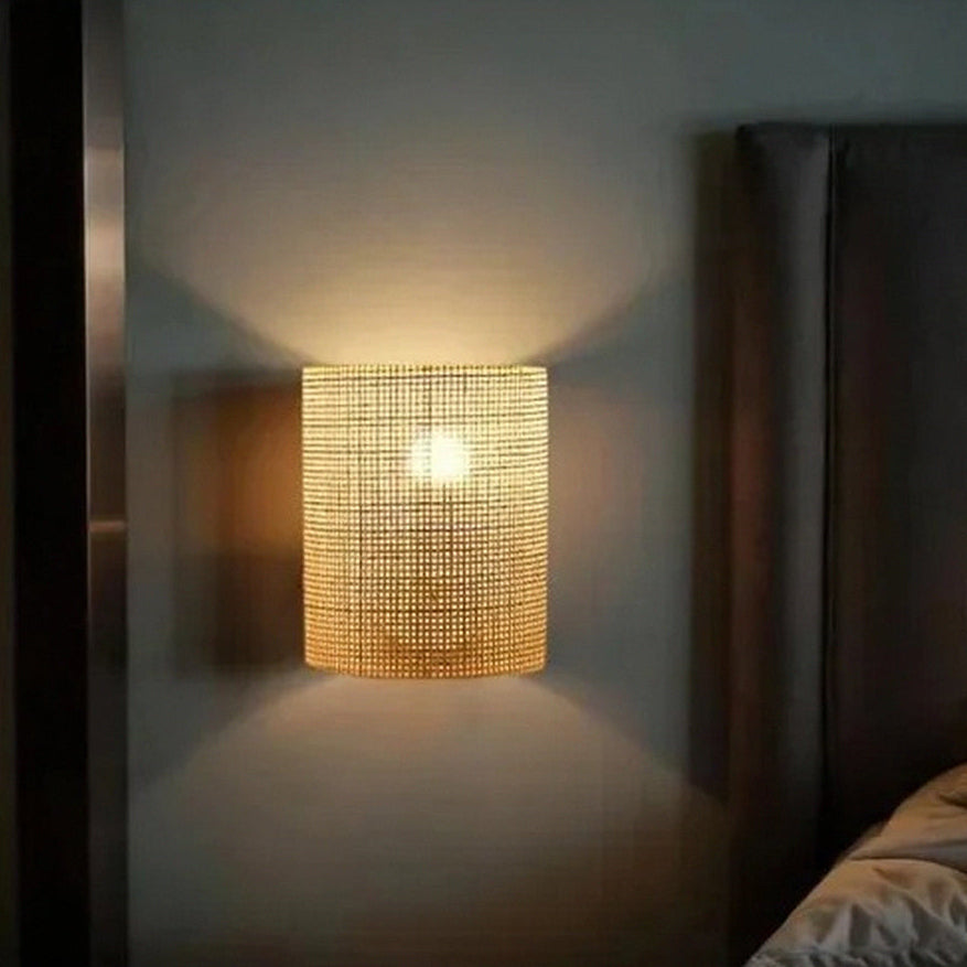 Lumora Handwoven Rattan Wall Sconce, Bohemian Organic Bamboo Wall Lamp