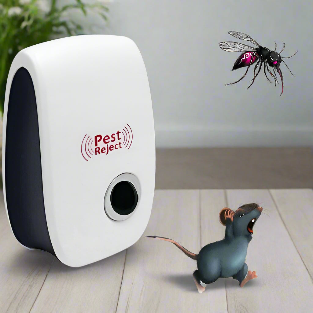 Ultrasonic pest repellent with intelligent frequency conversion, covering up to 800 sq. ft. Chemical-free, pet-safe, and silent for humans. Effectively repels rats, mosquitoes, roaches, spiders, and more.