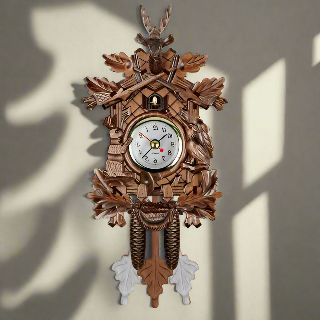 Genuine Black Forest Traditional German Cuckoo Clock With Hand-Carved Wooden Design Quartz Movement Swinging Pendulum Animal Carvings And Chalet Style Home Décor Ideal For Living Rooms Or Gifts