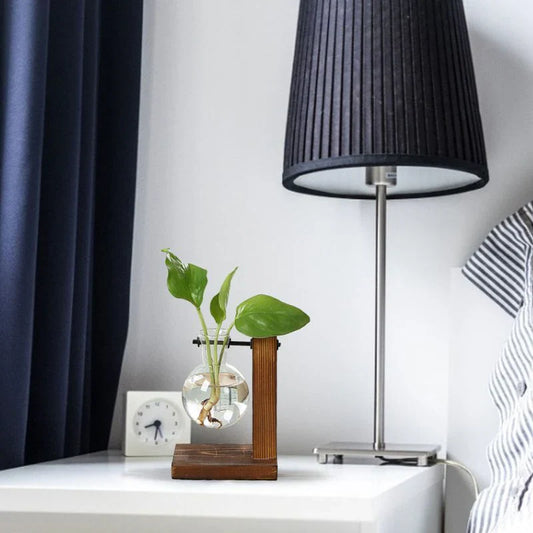 Wooden Frame Hydroponic Plant Vase – Modern Decorative Glass Planter for Indoor Home & Office Decor