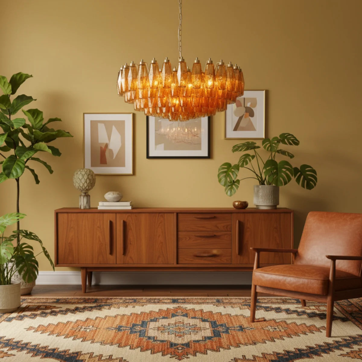 LuxRoyale Amber Murano Glass Chandelier Geometric Hanging Light Fixture - Royale Basic