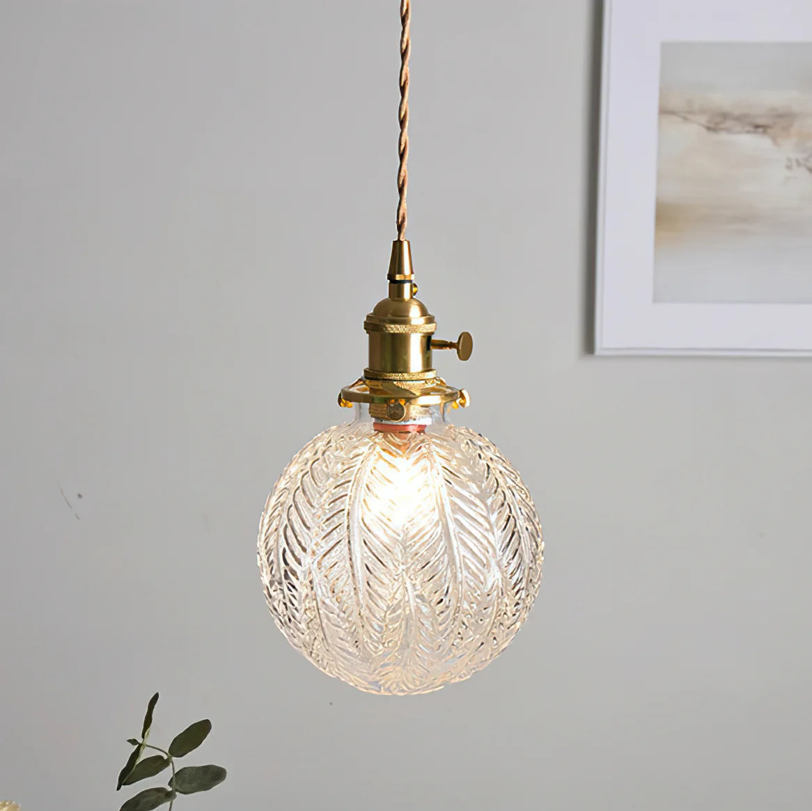 LuxRoyale Embossed Glass Globe Pendant Light Brass Hanging Lamp - Royale Basic