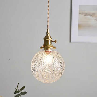 LuxRoyale Embossed Glass Globe Pendant Light Brass Hanging Lamp - Royale Basic