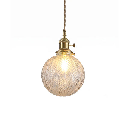 LuxRoyale Embossed Glass Globe Pendant Light Brass Hanging Lamp - Royale Basic