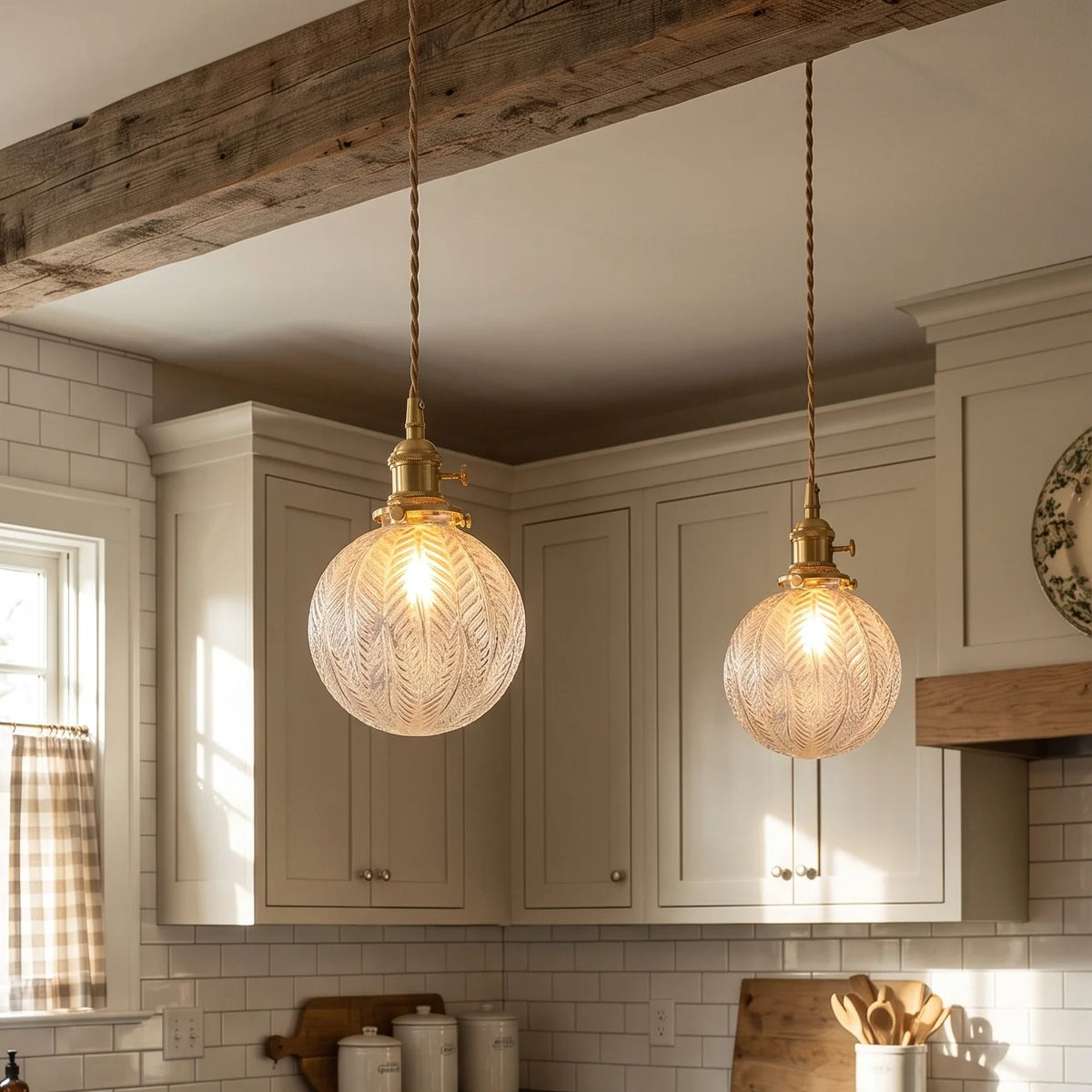 LuxRoyale Embossed Glass Globe Pendant Light Brass Hanging Lamp - Royale Basic