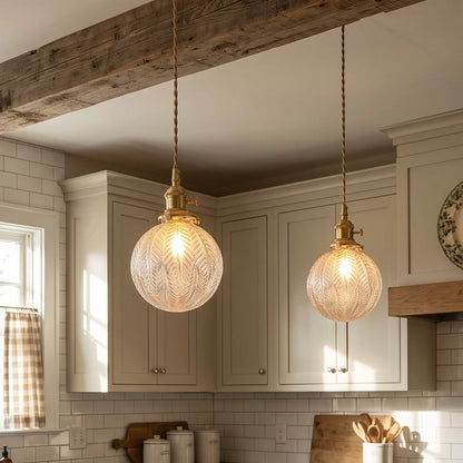 LuxRoyale Embossed Glass Globe Pendant Light Brass Hanging Lamp - Royale Basic