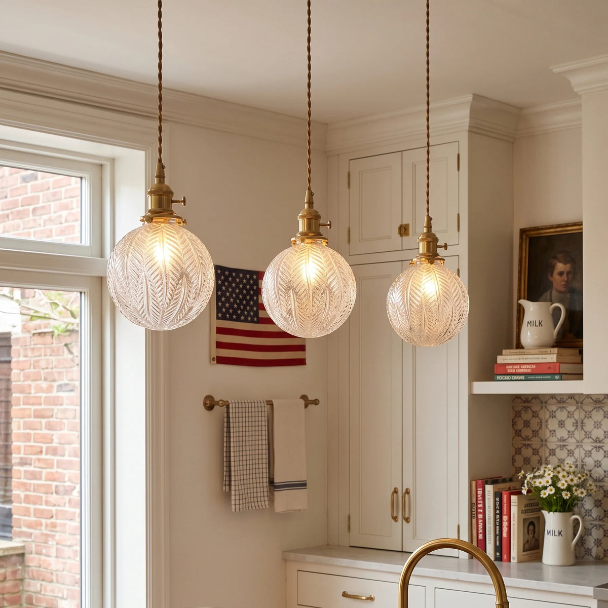 LuxRoyale Embossed Glass Globe Pendant Light Brass Hanging Lamp - Royale Basic