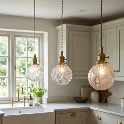 LuxRoyale Embossed Glass Globe Pendant Light Brass Hanging Lamp - Royale Basic