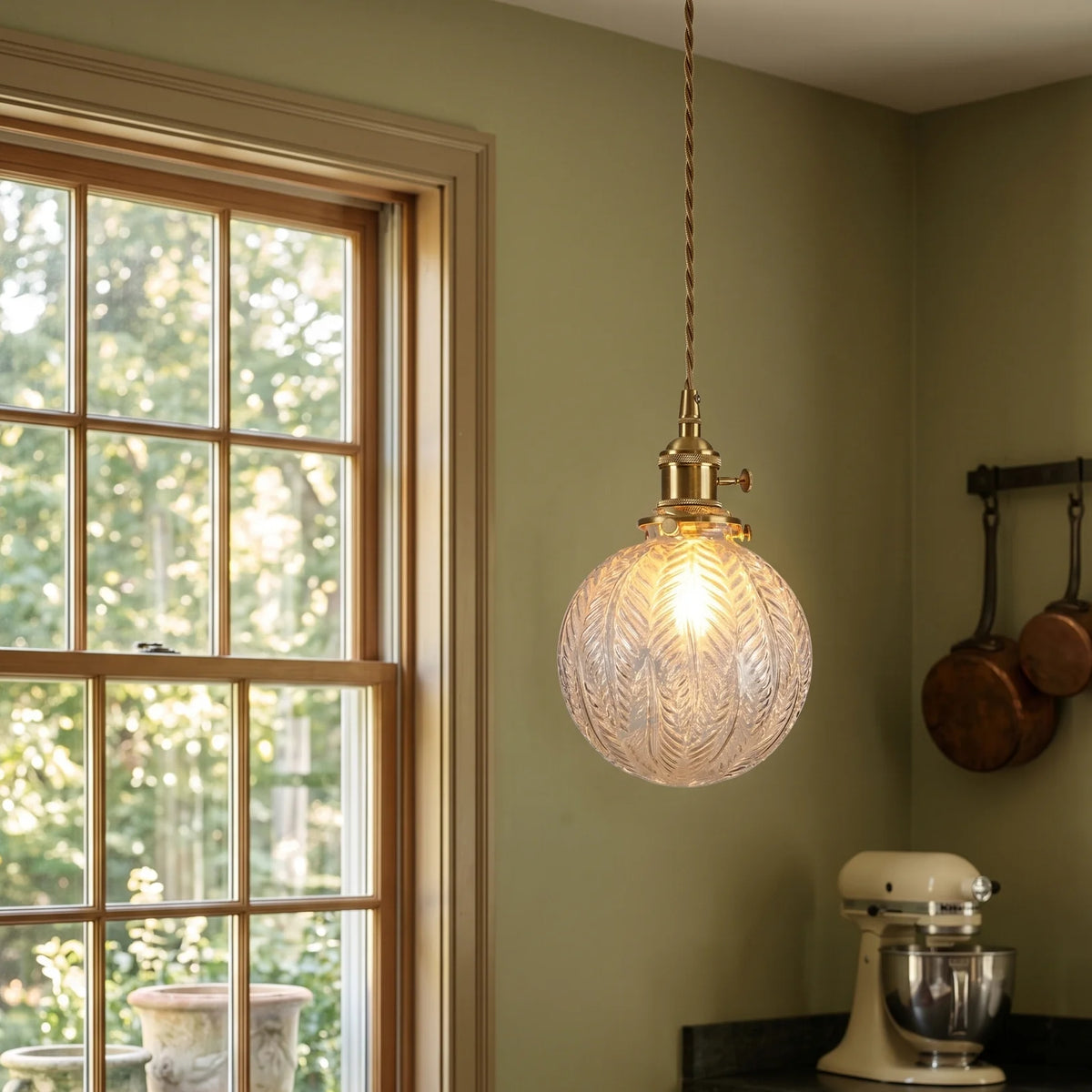 LuxRoyale Embossed Glass Globe Pendant Light Brass Hanging Lamp - Royale Basic