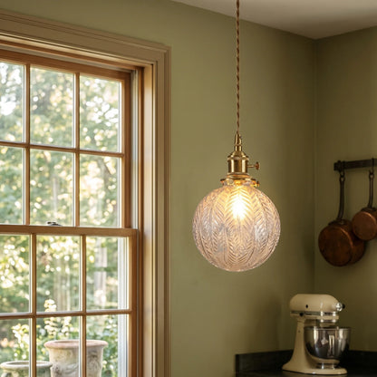 LuxRoyale Embossed Glass Globe Pendant Light Brass Hanging Lamp - Royale Basic
