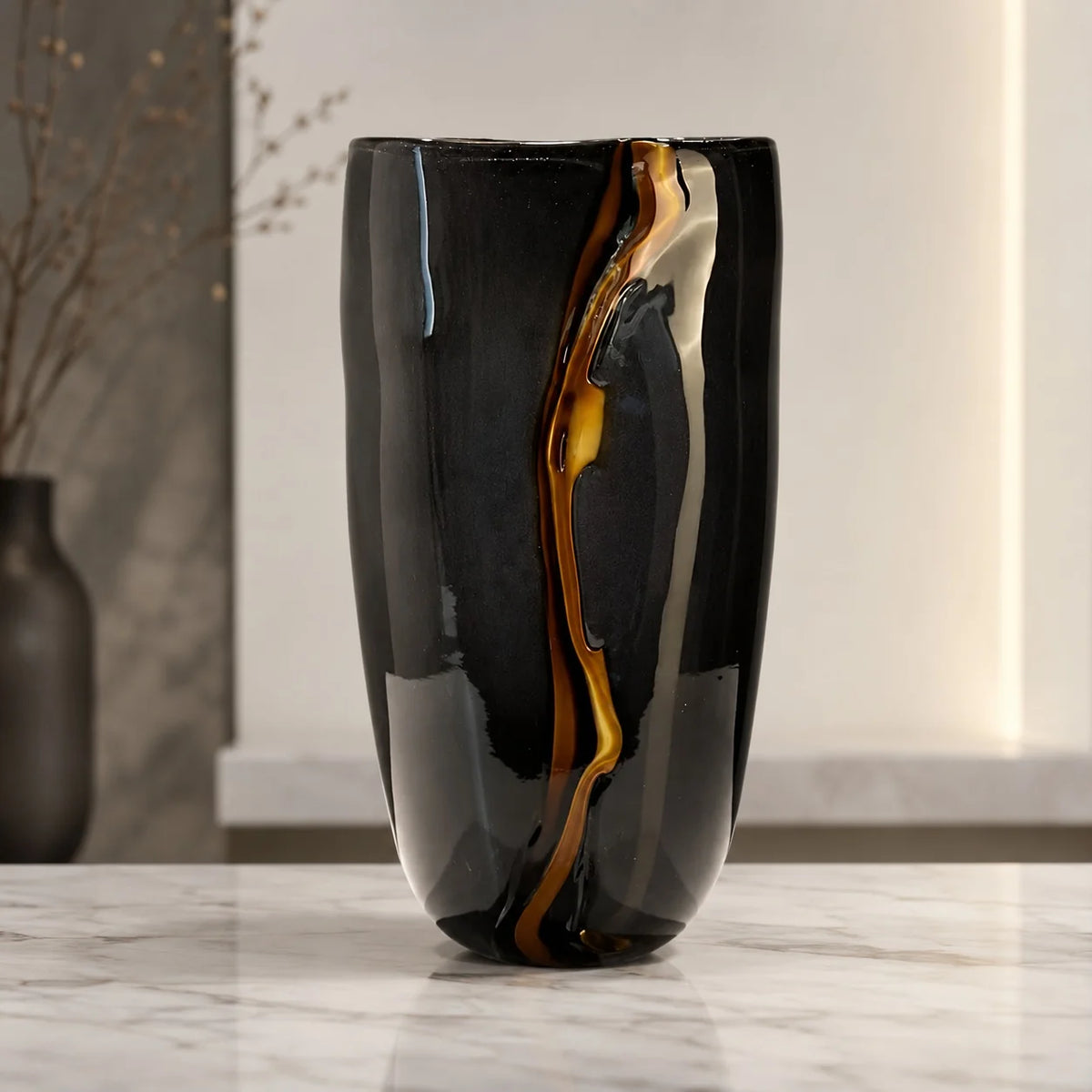 LuxRoyale Large Black Glass Flower Vase Handblown Decorative Centerpiece for Modern Home Decor - Royale Basic