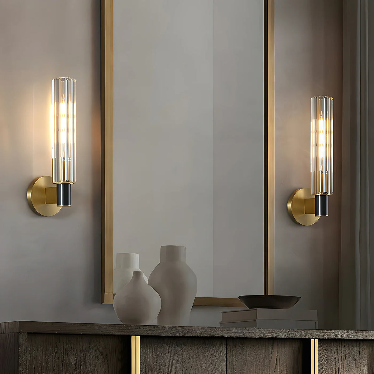 LuxRoyale Modern Brass And Ribbed Glass Wall Lamp Sconce - Royale Basic