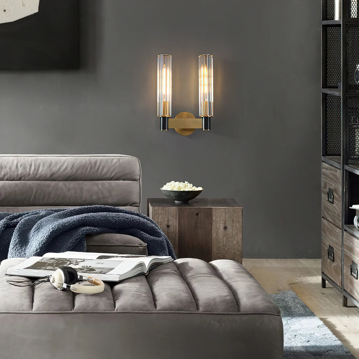 LuxRoyale Modern Brass And Ribbed Glass Wall Lamp Sconce - Royale Basic