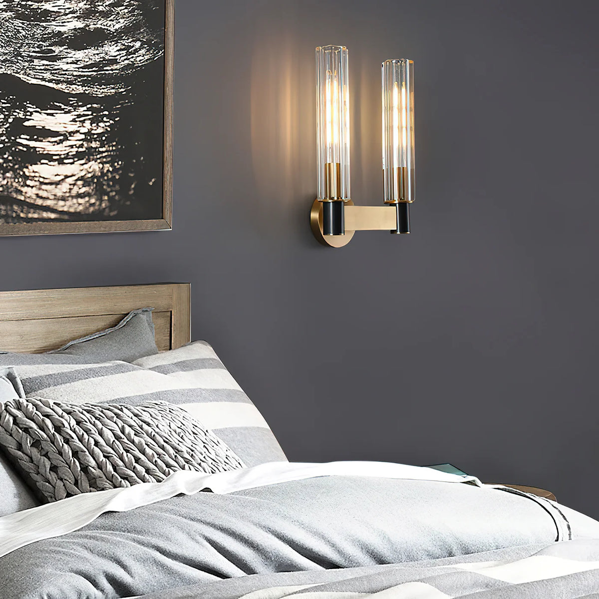 LuxRoyale Modern Brass And Ribbed Glass Wall Lamp Sconce - Royale Basic
