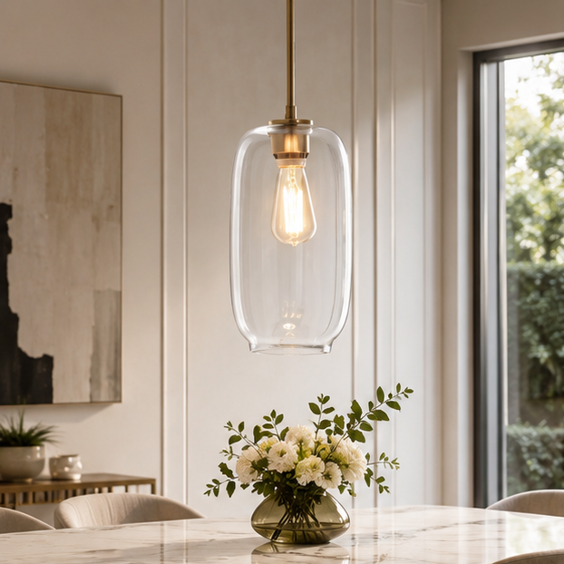 LuxRoyale Modern Brass & Sculpted Clear Glass Pendant Light for Dining Room, Bar & Cafe-Royale Basic