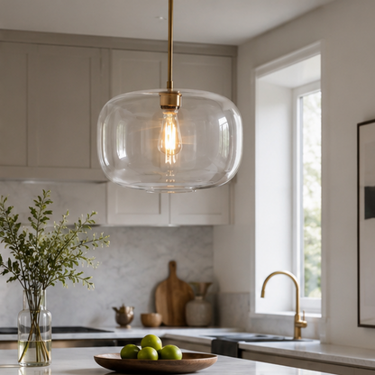 LuxRoyale Modern Brass & Sculpted Clear Glass Pendant Light for Dining Room, Bar & Cafe-Royale Basic