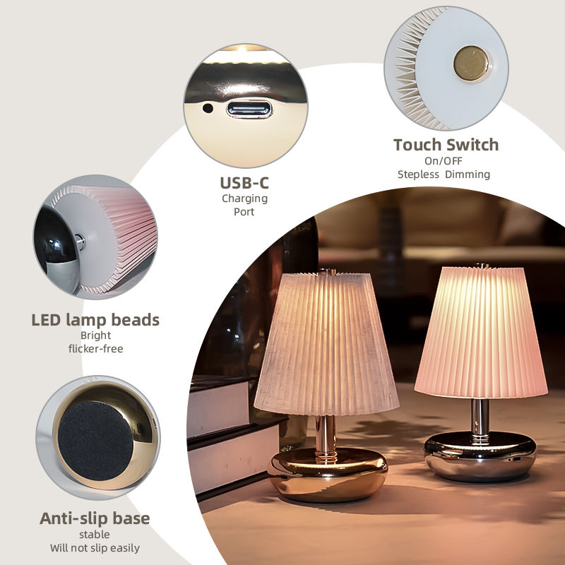 RoyaleGlow USB-C Rechargeable Cordless Table Lamp with Pleated Shade for Events