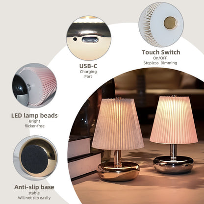 RoyaleGlow USB-C Rechargeable Cordless Table Lamp with Pleated Shade for Events