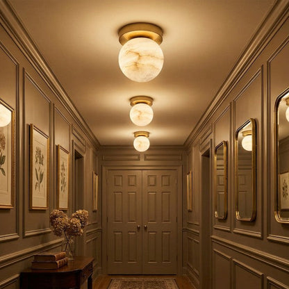 RoyaleGlow Alabaster Brass Flush Mount Ceiling Light - Modern Globe Fixture