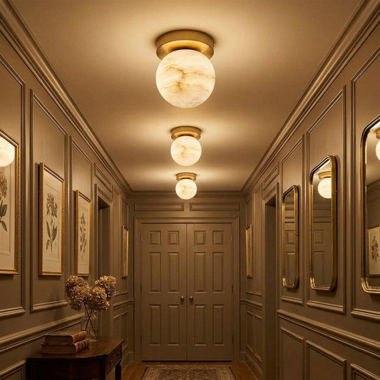 RoyaleGlow Alabaster Brass Flush Mount Ceiling Light - Modern Globe Fixture