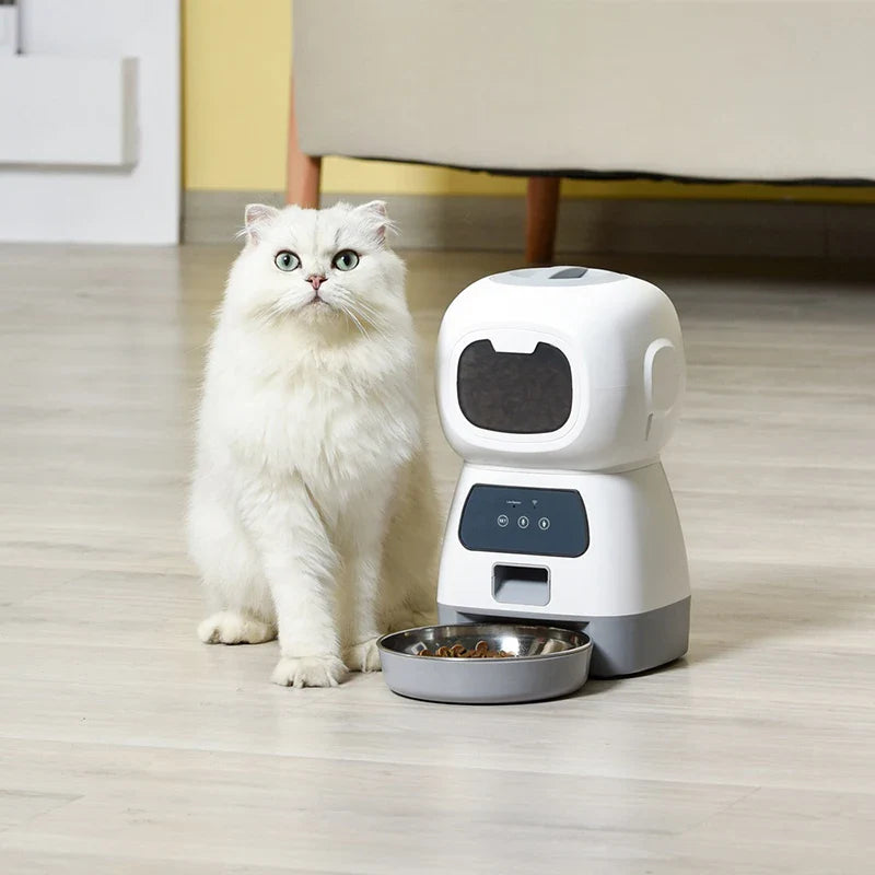Smart Automatic Pet Feeder with WiFi control, voice message recording, removable metal tray, and programmable portion settings for dogs and cats.