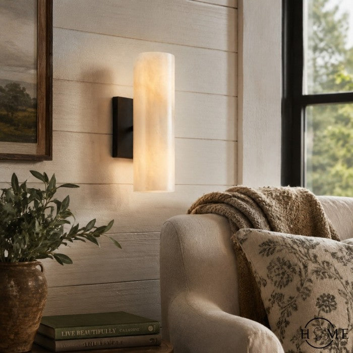 RoyaleGlow Modern Alabaster Wall Sconce - Brass Vanity Light Fixture